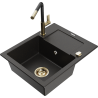 Mexen Enzo Granitspüle 1-becken mit Abtropfbrett und Küchenarmatur Flora, schwarz/gold Metallic - 6506-75-670401-57-G