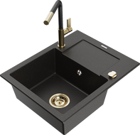 Mexen Enzo Granitspüle 1-becken mit Abtropfbrett und Küchenarmatur Flora, schwarz/gold Metallic - 6506-75-670401-57-G