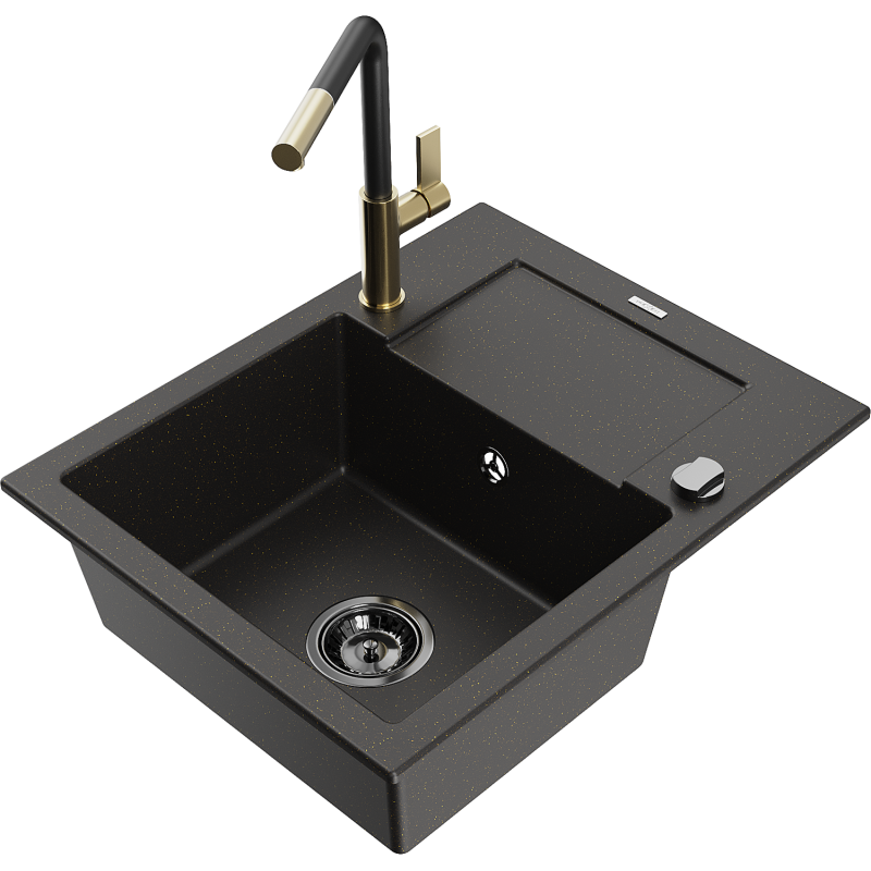 Mexen Enzo Granitspüle 1-Becken mit Abtropffläche und Küchenarmatur Flora, schwarz/gold metallisch - 6506-75-670401-57-B