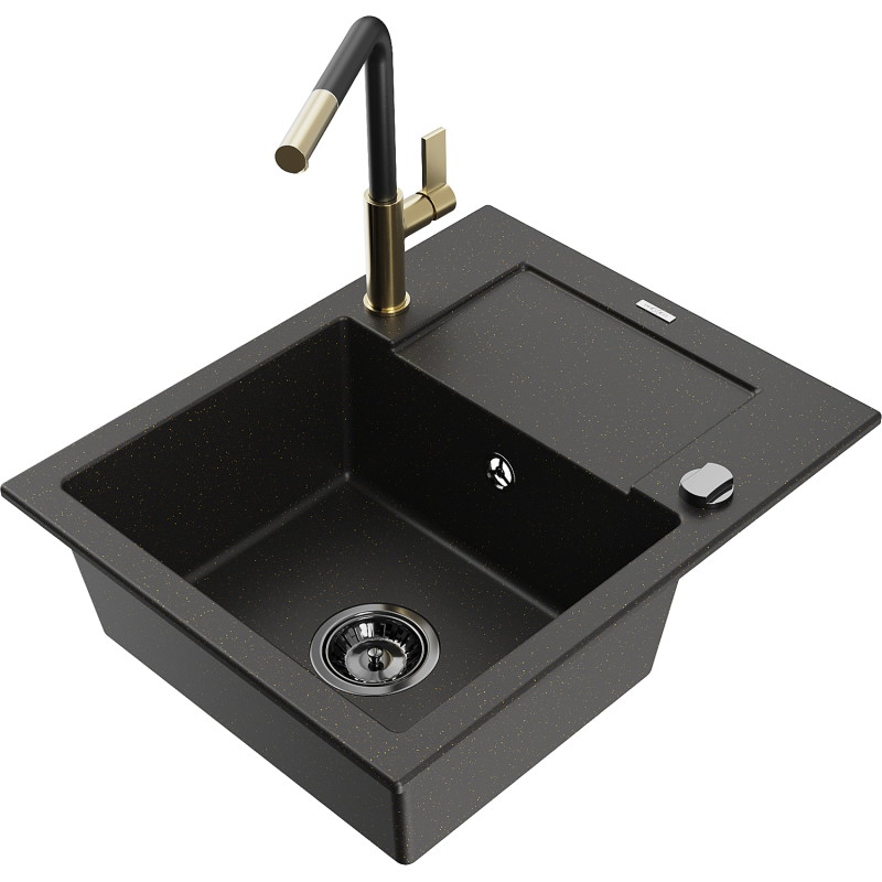 Mexen Enzo Granitspüle 1-Komponenten mit Abtropffläche und Küchenarmatur Flora, schwarz/gold metallic - 6506-75-670401-57-B