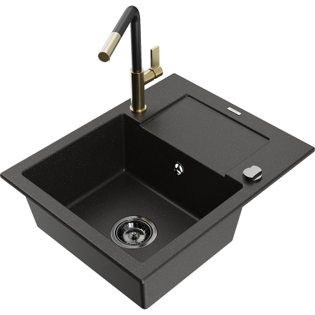 Mexen Enzo Granitspüle 1-Becken mit Abtropffläche und Küchenarmatur Flora, schwarz/gold metallisch - 6506-75-670401-57-B