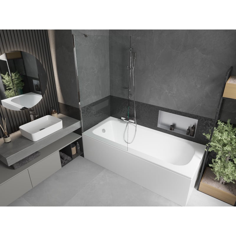 Mexen Vega Rechteckige Wanne 180 x 80 cm mit Verkleidung und 1-flügeliger Trennwand 90 cm, transparent, Chrom