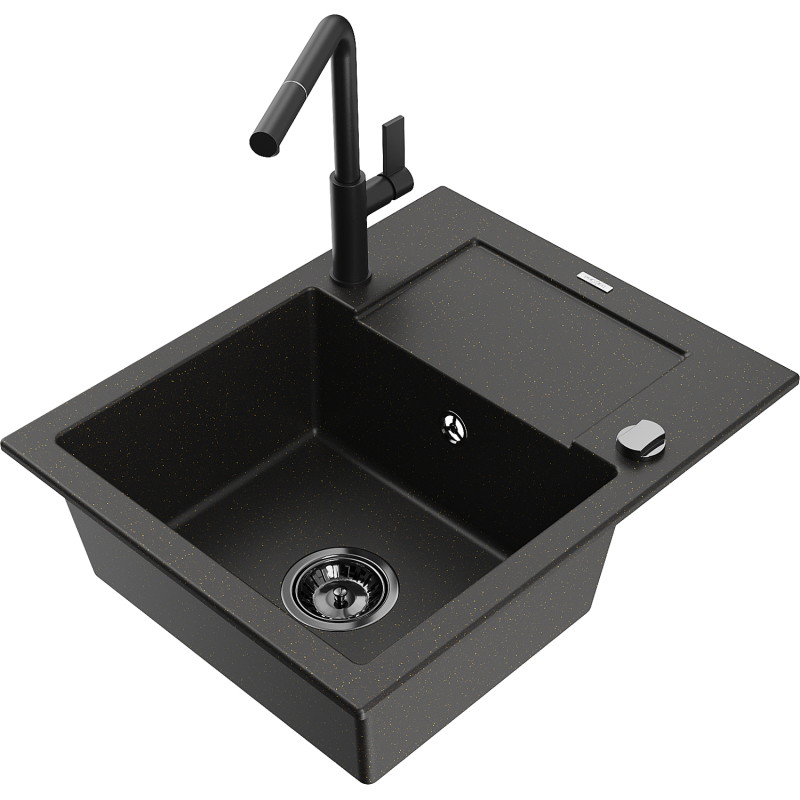 Mexen Enzo Granitspüle 1-Becken mit Abtropffläche und Küchenarmatur Flora, schwarz/gold metallic - 6506-75-670401-70-B
