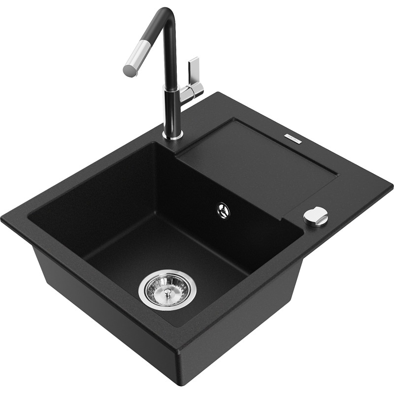Mexen Enzo Granitspüle 1-Becken mit Abtropffläche und Küchenarmatur Flora, schwarz - 6506-77-670401-07