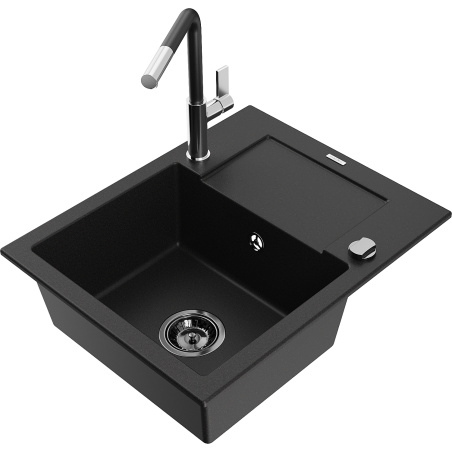 Mexen Enzo Granitspüle 1-Becken mit Abtropffläche und Küchenarmatur Flora, schwarz - 6506-77-670401-07-B