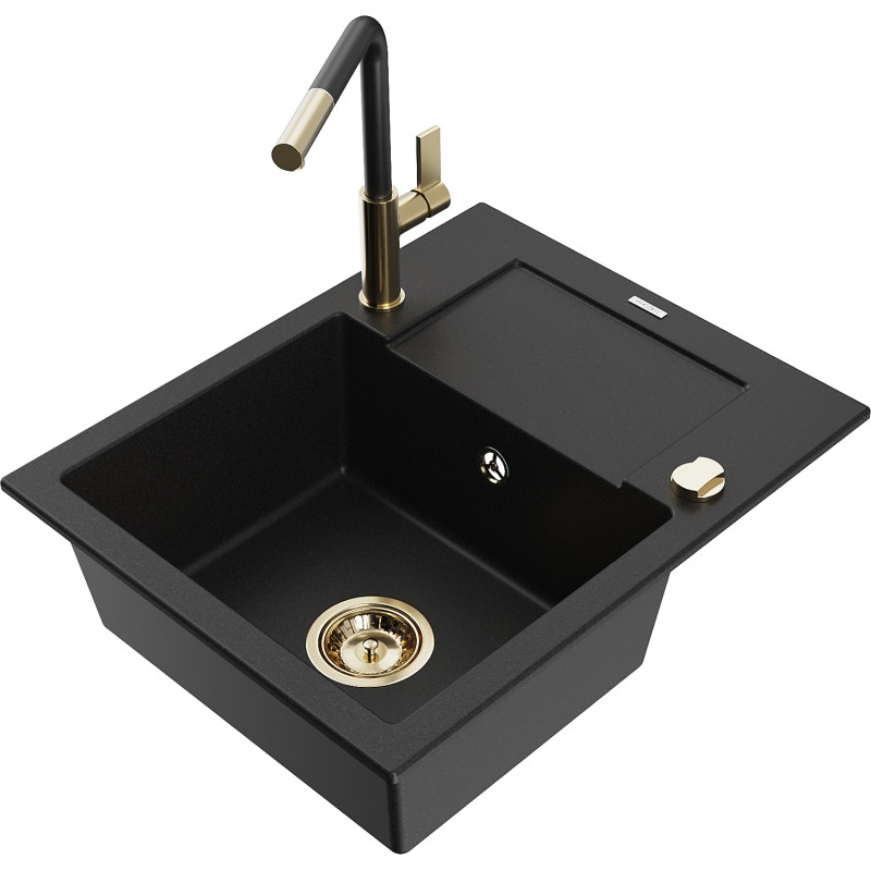 Mexen Enzo granitspüle 1-becken mit abtropffläche und küchenarmatur Flora, schwarz - 6506-77-670401-57-G