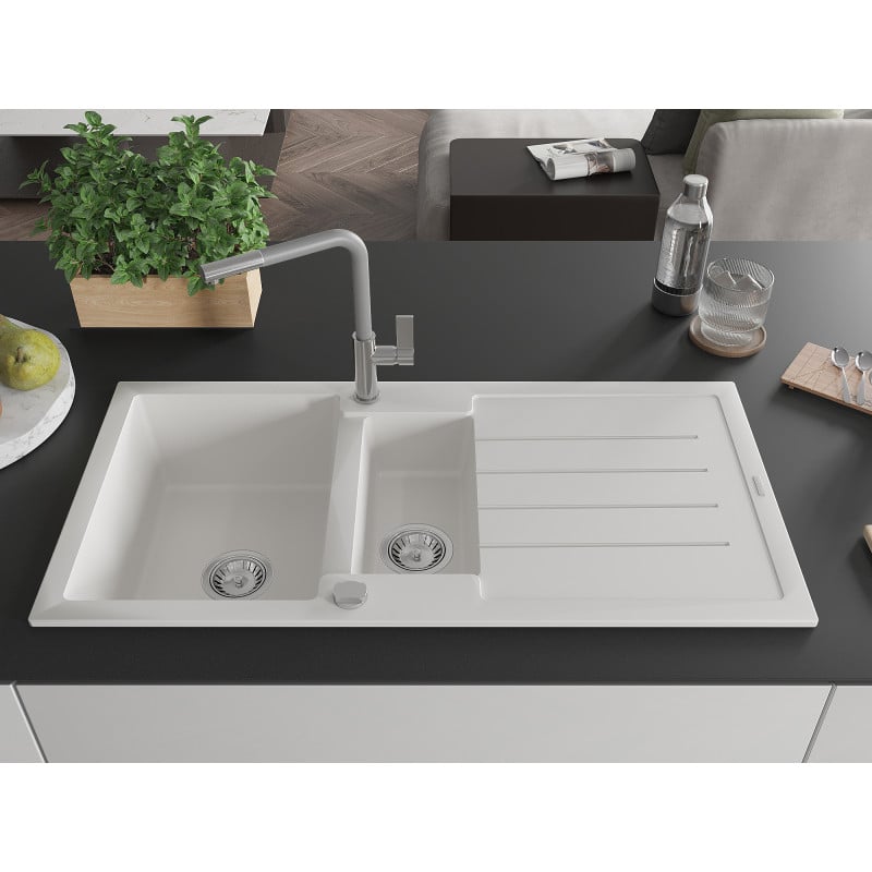 Mexen Andres Granitspüle 1,5-Becken mit Abtropfbereich und Küchenarmatur Flora, weiß - 6515-20-670401-06
