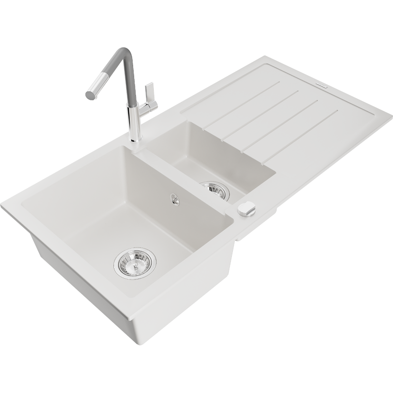 Mexen Andres Granitspüle 1,5-Becken mit Abtropfbereich und Küchenarmatur Flora, weiß - 6515-20-670401-06