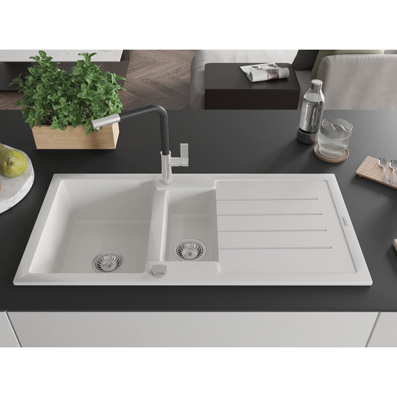 Mexen Andres Granitspüle 1,5-Becken mit Abtropffläche und Küchenarmatur Flora, weiß - 6515-20-670401-07