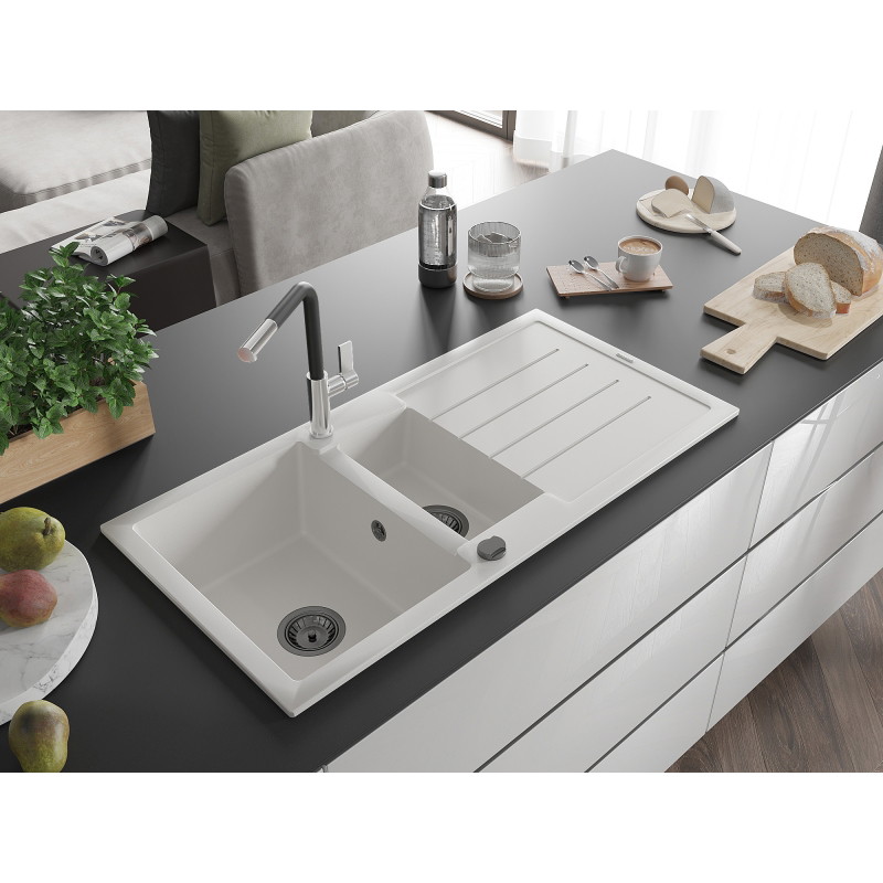 Mexen Andres Granitspüle 1,5-Becken mit Abtropffläche und Küchenarmatur Flora, weiß - 6515-20-670401-07-B