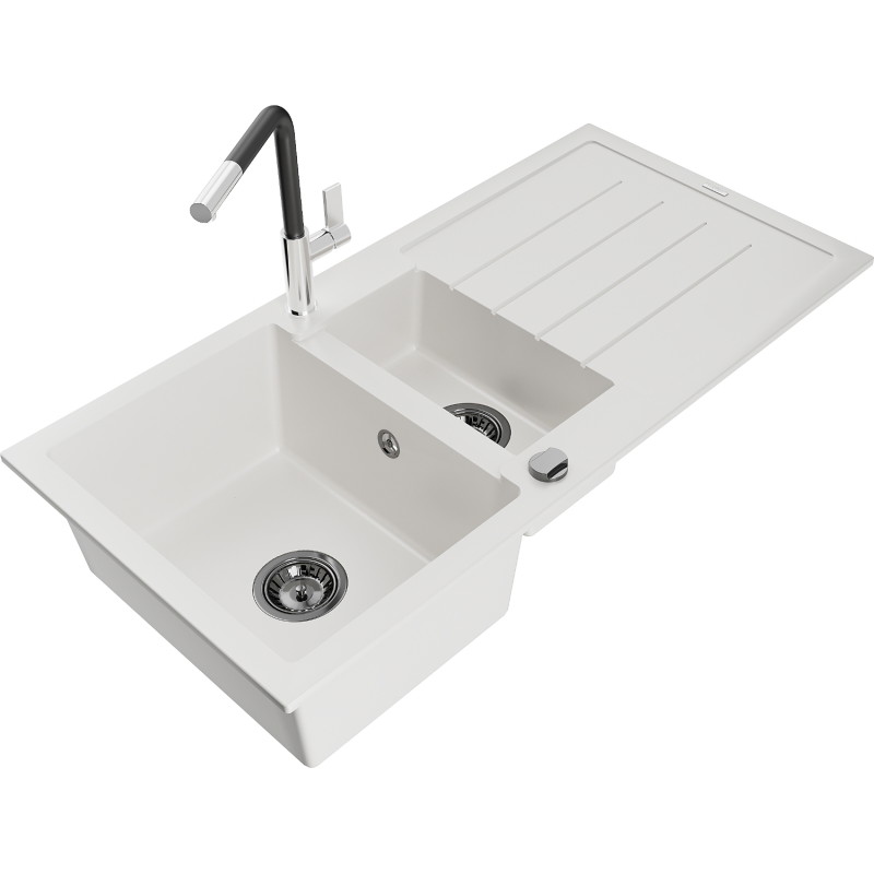 Mexen Andres Granitspüle 1,5-Becken mit Abtropffläche und Küchenarmatur Flora, weiß - 6515-20-670401-07-B