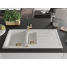 Mexen Andres Granitspüle, 1,5-Becken mit Abtropffläche und Küchenarmatur Flora, weiß - 6515-20-670401-57-G