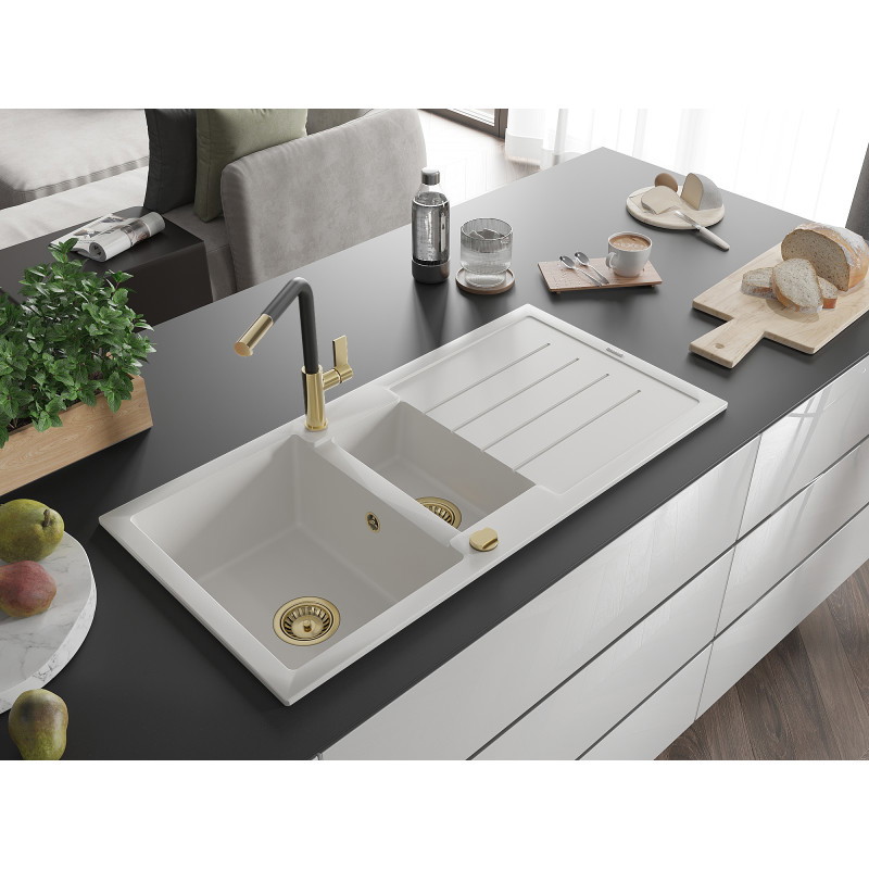 Mexen Andres Granitspüle, 1,5-Becken mit Abtropffläche und Küchenarmatur Flora, weiß - 6515-20-670401-57-G