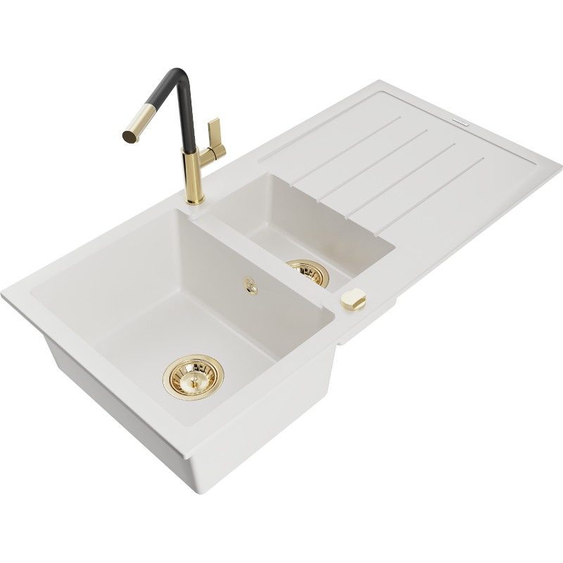 Mexen Andres Granitspüle, 1,5-Becken mit Abtropffläche und Küchenarmatur Flora, weiß - 6515-20-670401-57-G