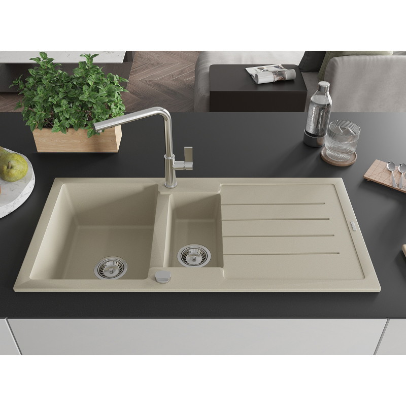Mexen Andres Granitspüle 1,5-Becken mit Abtropffläche und Küchenarmatur Flora, beige - 6515-69-670401-00