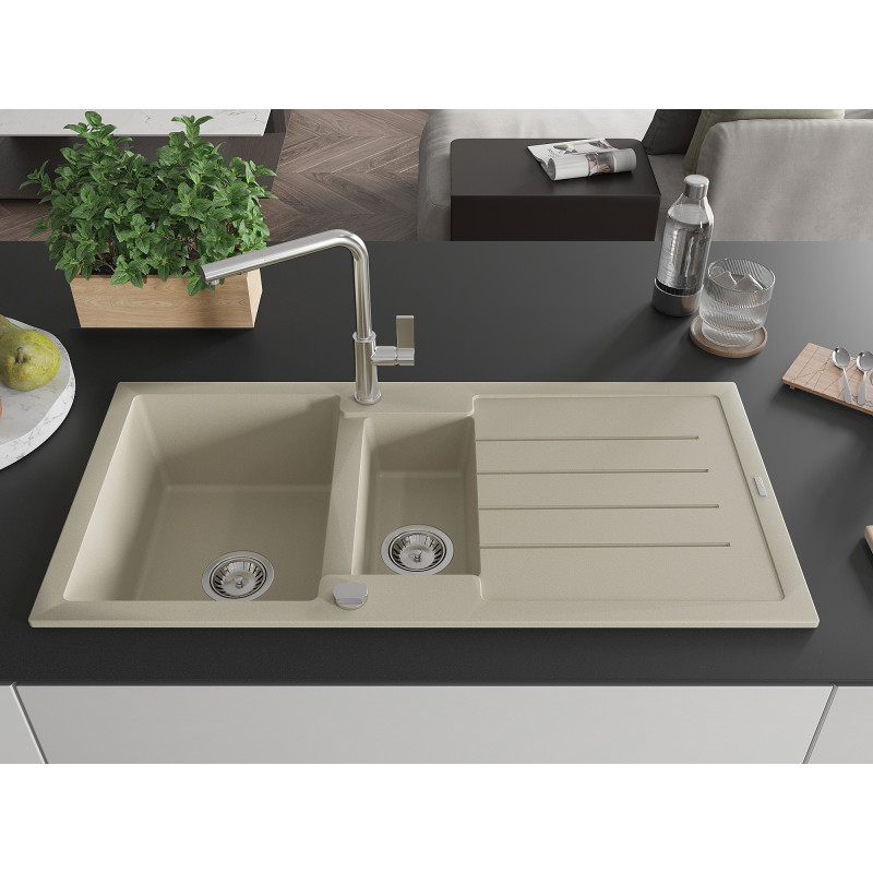 Mexen Andres Granitspüle 1,5-fach mit Abtropffläche und Küchenarmatur Flora, beige - 6515-69-670401-00