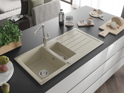Mexen Andres Granitspüle 1,5-fach mit Abtropffläche und Küchenarmatur Flora, beige - 6515-69-670401-00