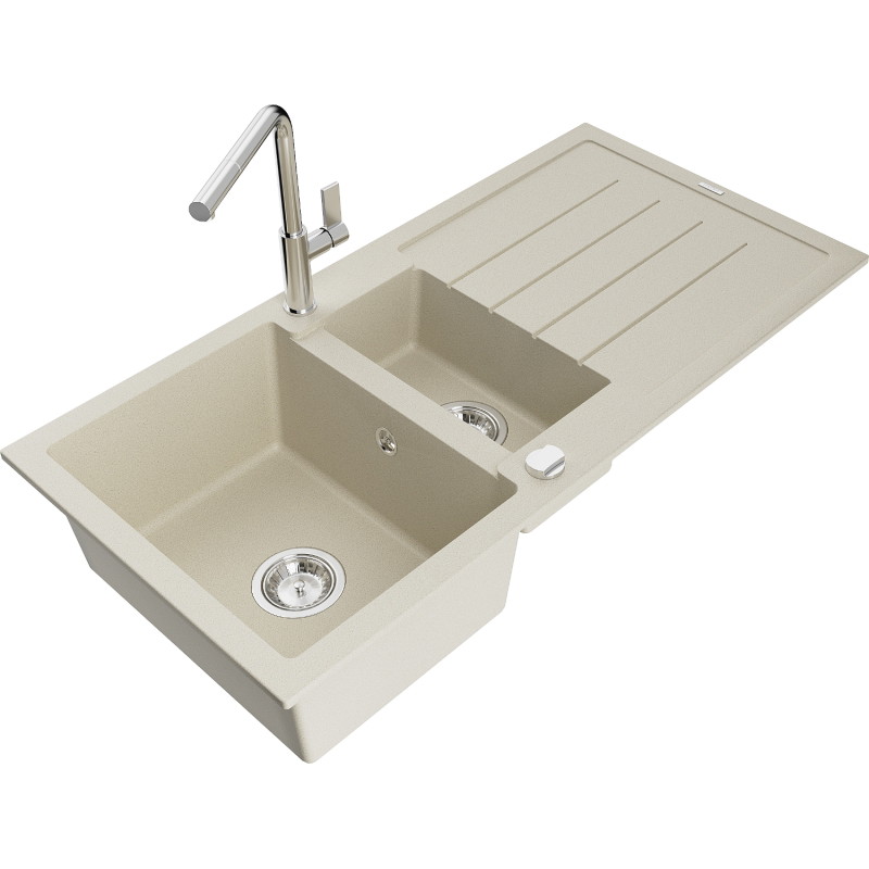 Mexen Andres Granitspüle 1,5-Becken mit Abtropffläche und Küchenarmatur Flora, beige - 6515-69-670401-00