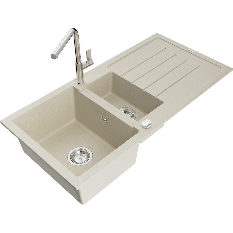Mexen Andres Granitspüle 1,5-fach mit Abtropffläche und Küchenarmatur Flora, beige - 6515-69-670401-00
