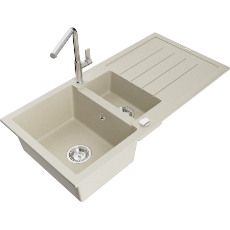 Mexen Andres Granitspüle 1,5-Becken mit Abtropffläche und Küchenarmatur Flora, beige - 6515-69-670401-00