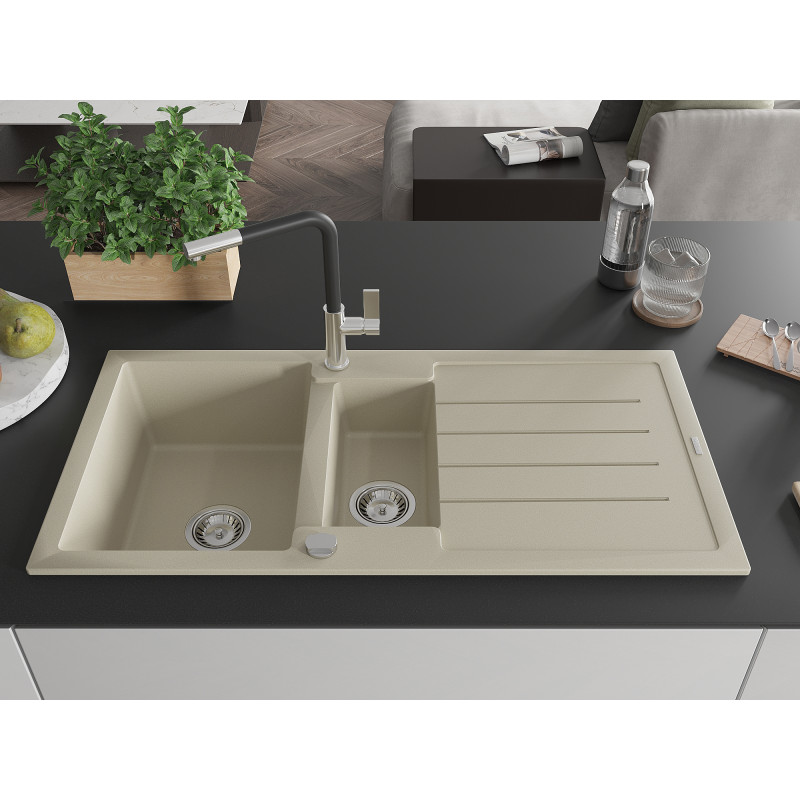 Mexen Andres Granitspüle 1,5-becken mit Abtropffläche und Küchenarmatur Flora, beige - 6515-69-670401-07