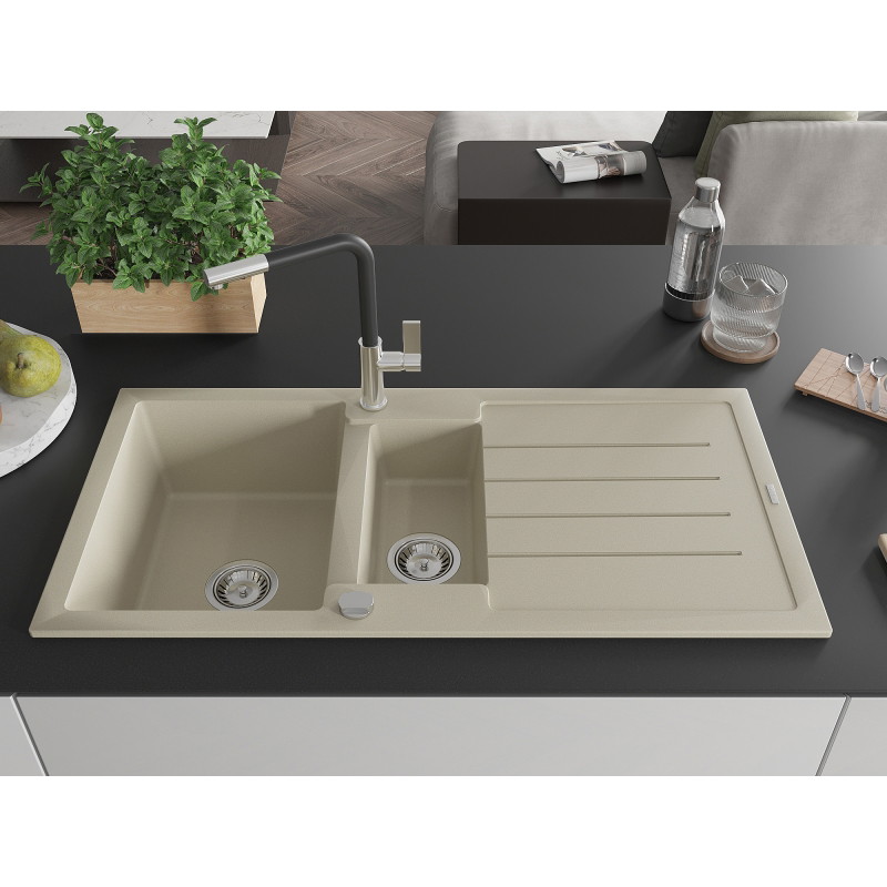 Mexen Andres Granitspüle 1,5-beckig mit Abtropffläche und Küchenarmatur Flora, beige - 6515-69-670401-07