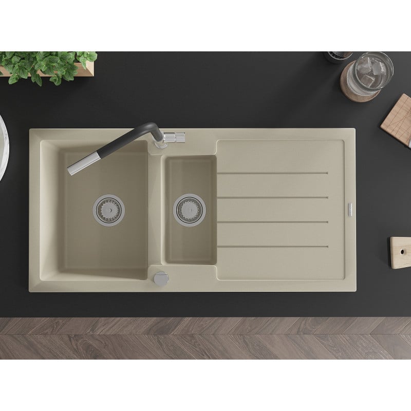 Mexen Andres Granitspüle 1,5-becken mit Abtropffläche und Küchenarmatur Flora, beige - 6515-69-670401-07