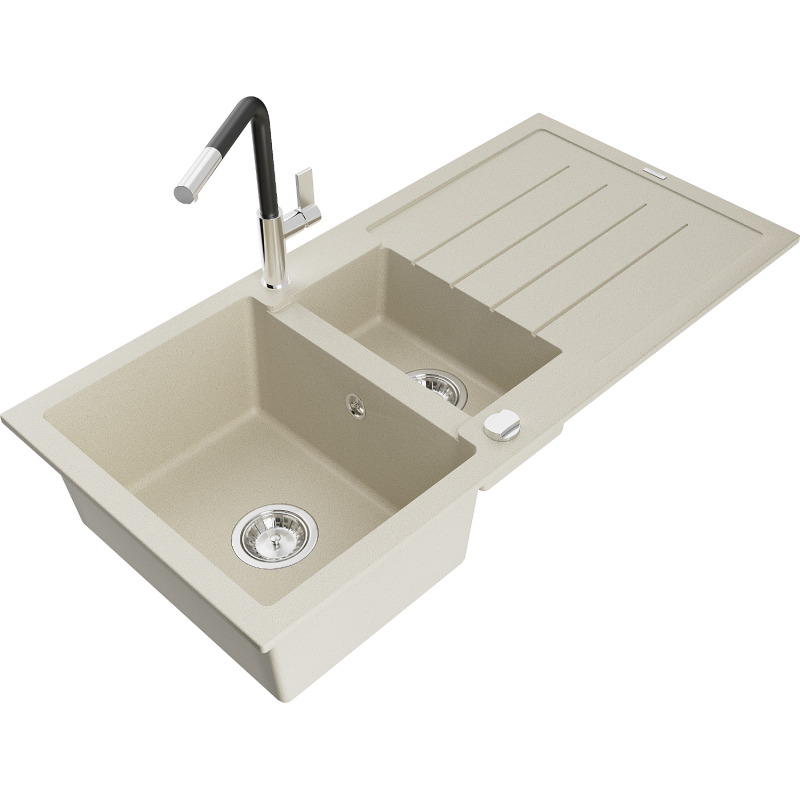 Mexen Andres Granitspüle 1,5-becken mit Abtropffläche und Küchenarmatur Flora, beige - 6515-69-670401-07