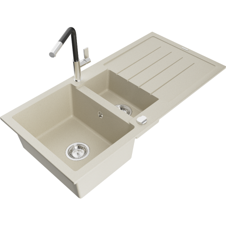 Mexen Andres Granitspüle 1,5-becken mit Abtropffläche und Küchenarmatur Flora, beige - 6515-69-670401-07