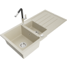 Mexen Andres Granitspüle 1,5-becken mit Abtropffläche und Küchenarmatur Flora, beige - 6515-69-670401-07