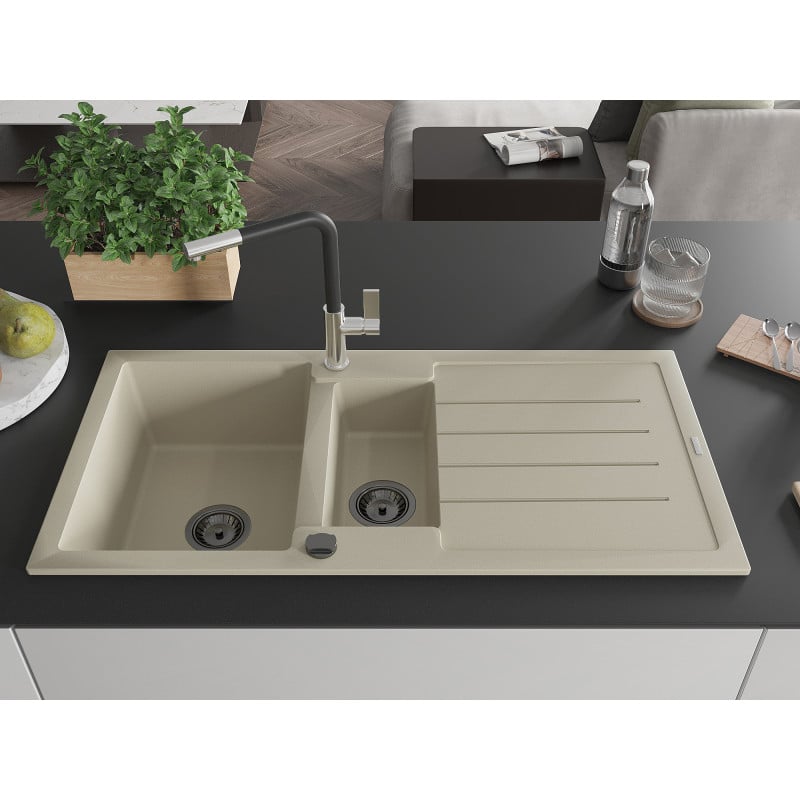 Mexen Andres Granitspüle 1,5-Becken mit Abtropffläche und Küchenarmatur Flora, beige - 6515-69-670401-07-B