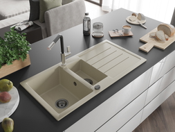 Mexen Andres Granitspüle 1,5-Becken mit Abtropffläche und Küchenarmatur Flora, beige - 6515-69-670401-07-B