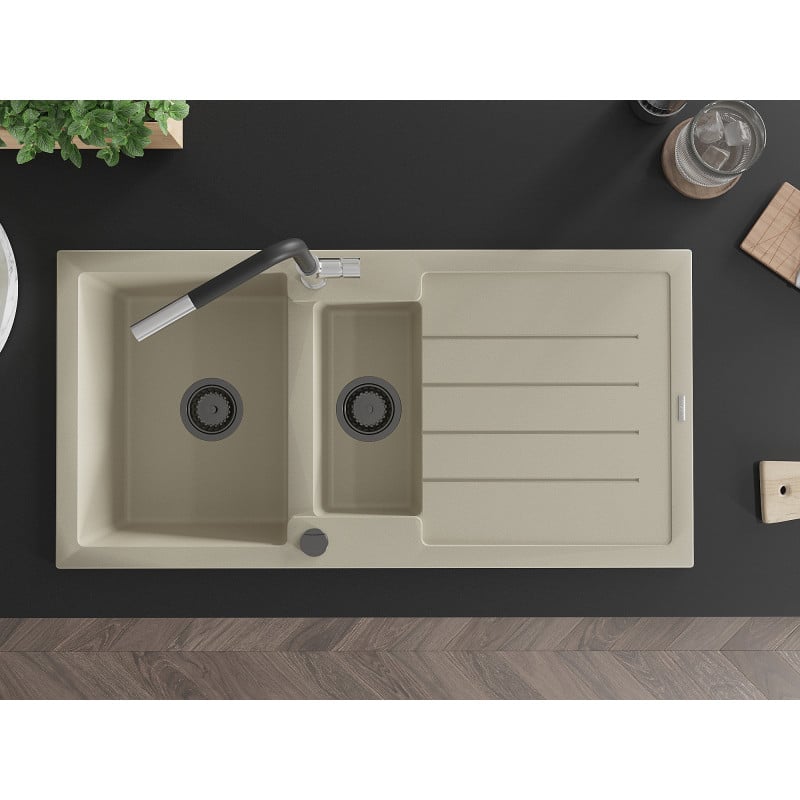 Mexen Andres Granitspüle 1,5-Becken mit Abtropffläche und Küchenarmatur Flora, beige - 6515-69-670401-07-B