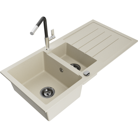 Mexen Andres Granitspüle 1,5-Becken mit Abtropffläche und Küchenarmatur Flora, beige - 6515-69-670401-07-B