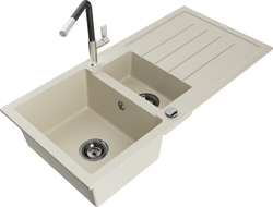 Mexen Andres Granitspüle 1,5-Becken mit Abtropffläche und Küchenarmatur Flora, beige - 6515-69-670401-07-B