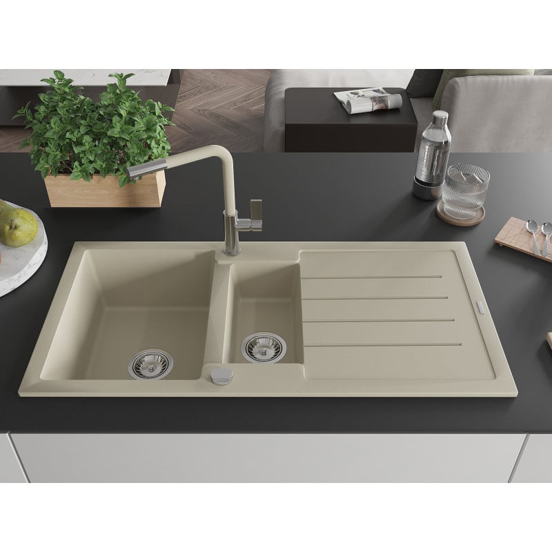 Mexen Andres Granitspüle 1,5-Becken mit Abtropffläche und Küchenarmatur Flora, beige - 6515-69-670401-09