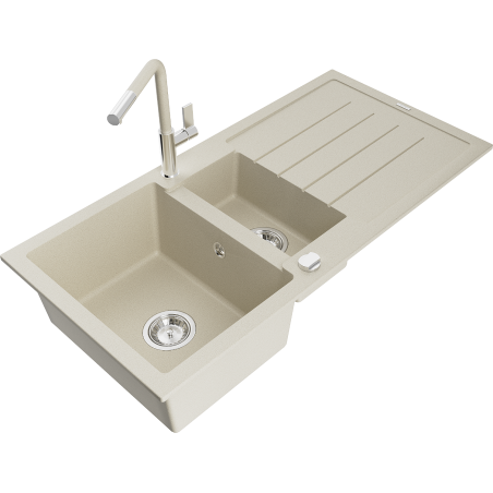 Mexen Andres Granitspüle 1,5-Becken mit Abtropffläche und Küchenarmatur Flora, beige - 6515-69-670401-09