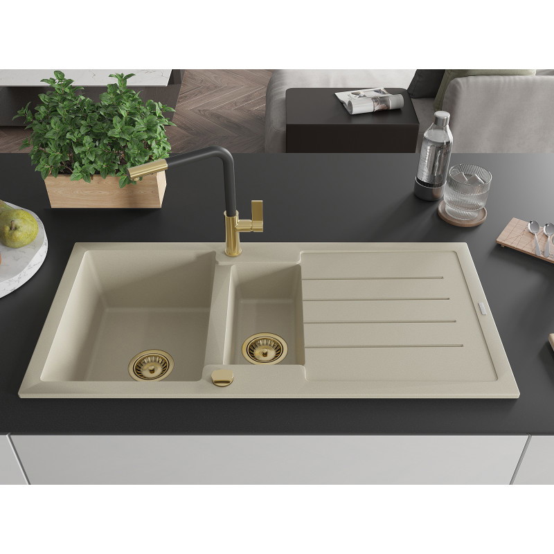 Mexen Andres Granitspüle 1,5-Kammer mit Abtropffläche und Küchenarmatur Flora, beige - 6515-69-670401-57-G