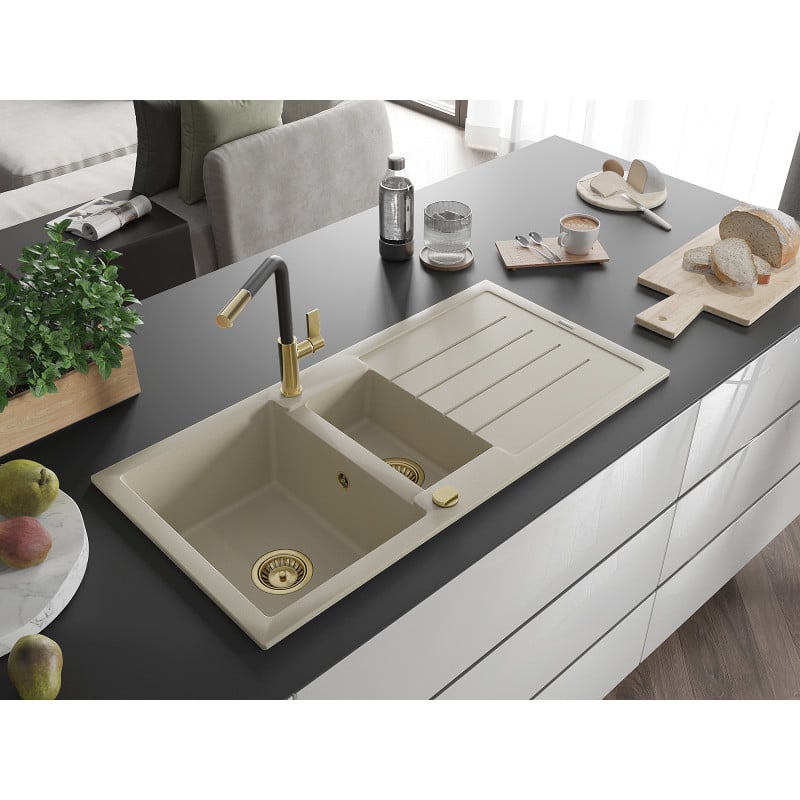 Mexen Andres Granitspüle 1,5-Kammer mit Abtropffläche und Küchenarmatur Flora, beige - 6515-69-670401-57-G