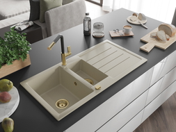Mexen Andres Granitspüle 1,5-Kammer mit Abtropffläche und Küchenarmatur Flora, beige - 6515-69-670401-57-G