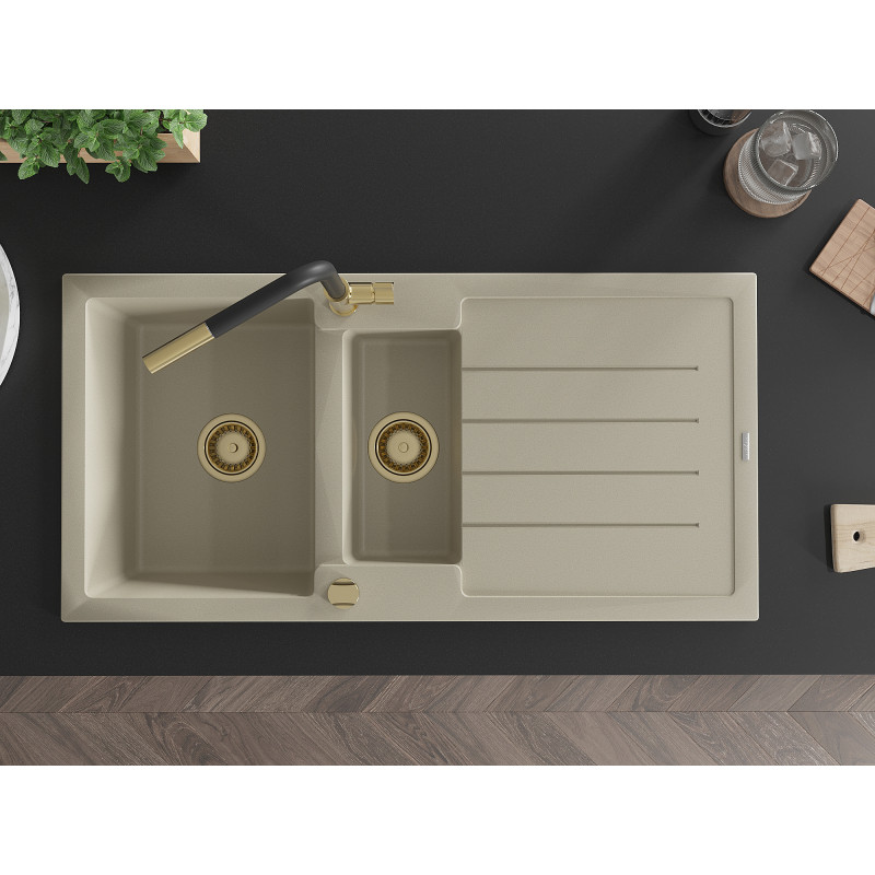 Mexen Andres Granitspüle 1,5-Kammer mit Abtropffläche und Küchenarmatur Flora, beige - 6515-69-670401-57-G