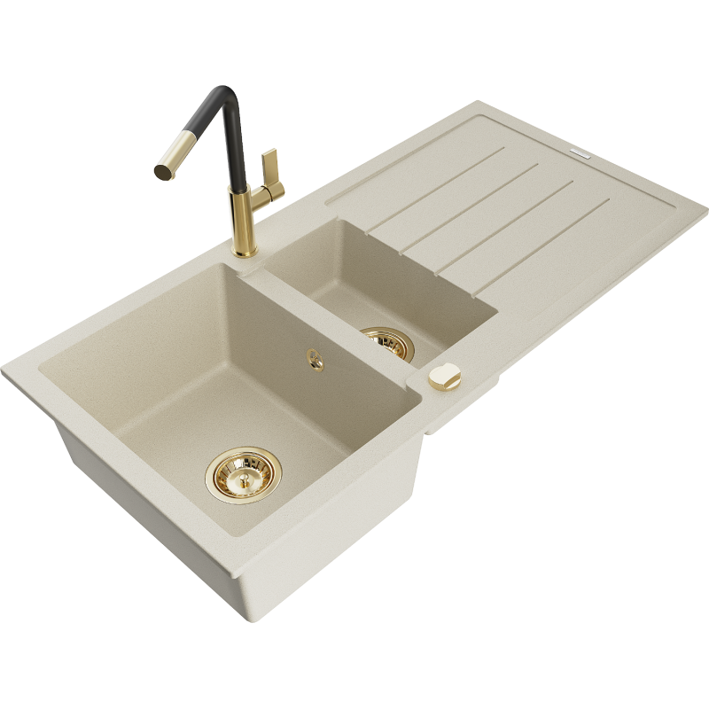 Mexen Andres Granitspüle 1,5-Kammer mit Abtropffläche und Küchenarmatur Flora, beige - 6515-69-670401-57-G