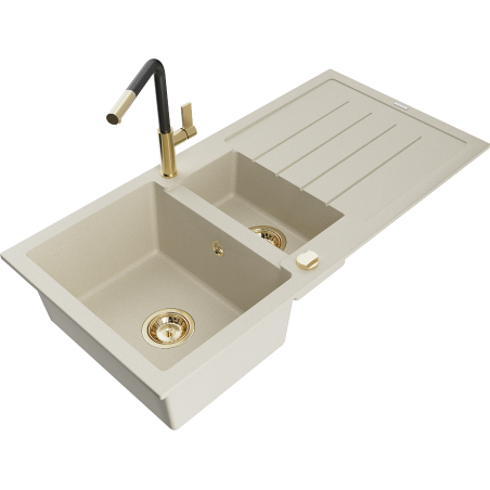 Mexen Andres granitspüle 1,5-fach mit Abtropffläche und Küchenarmatur Flora, beige - 6515-69-670401-57-G