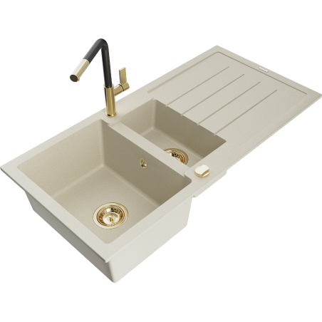 Mexen Andres Granitspüle 1,5-Kammer mit Abtropffläche und Küchenarmatur Flora, beige - 6515-69-670401-57-G