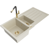 Mexen Andres Granitspüle 1,5-Kammer mit Abtropffläche und Küchenarmatur Flora, beige - 6515-69-670401-57-G
