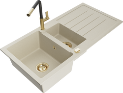 Mexen Andres Granitspüle 1,5-Kammer mit Abtropffläche und Küchenarmatur Flora, beige - 6515-69-670401-57-G