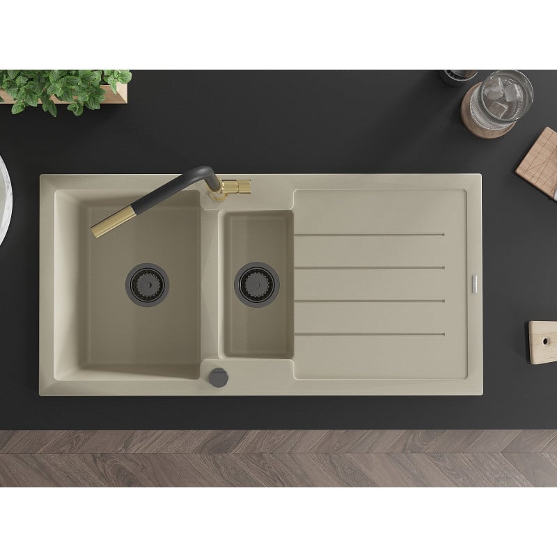 Mexen Andres Granitspüle 1,5-Becken mit Abtropffläche und Küchenarmatur Flora, beige - 6515-69-670401-57-B