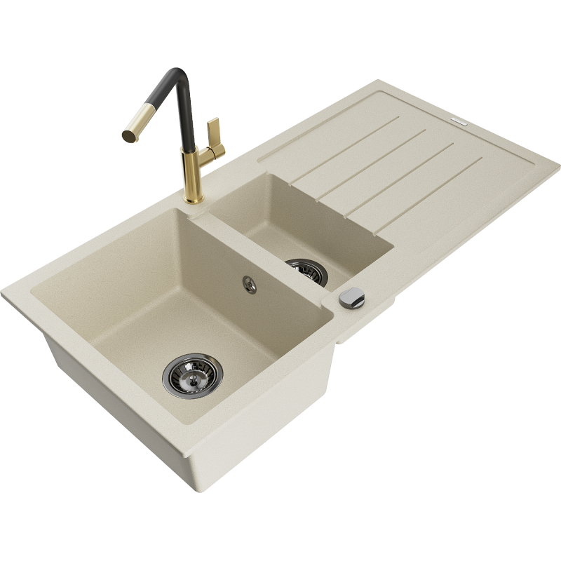 Mexen Andres Granitspüle 1,5-Becken mit Abtropffläche und Küchenarmatur Flora, beige - 6515-69-670401-57-B