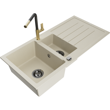 Mexen Andres Granitspüle 1,5-Becken mit Abtropffläche und Küchenarmatur Flora, beige - 6515-69-670401-57-B