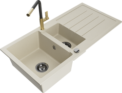 Mexen Andres Granitspüle 1,5-Becken mit Abtropffläche und Küchenarmatur Flora, beige - 6515-69-670401-57-B
